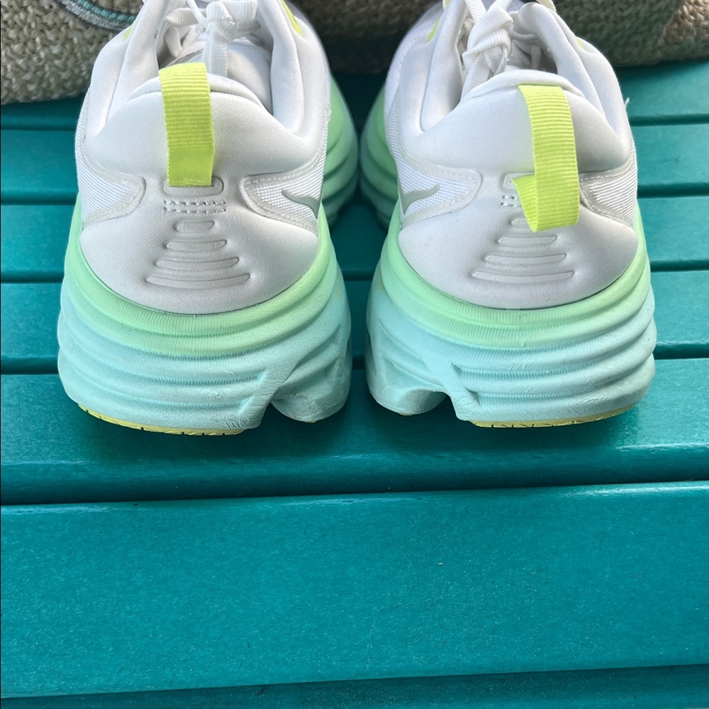 Women's Hoka Bondi 8 White Athletic Running Shoes with Neon Yellow Accents - Picture 2 of 3